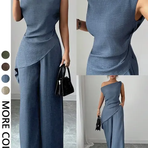 Women's 2-Piece Set, One-Shoulder Blouse with Ruffle, Baggy Wide-Leg Pants, Casual Oversized Loose-Fit Suit, All Seasons, Plain Pattern, Clothes, Sleeveless Matching Sets