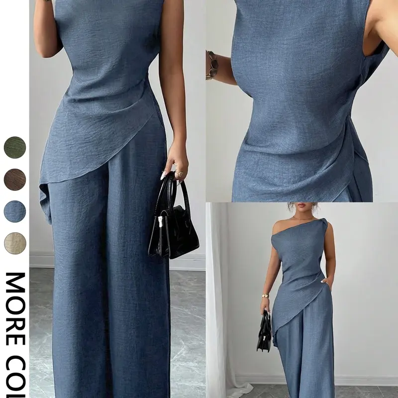 Women's 2-Piece Set, One-Shoulder Blouse with Ruffle, Baggy Wide-Leg Pants, Casual Oversized Loose-Fit Suit, All Seasons, Plain Pattern, Clothes, Sleeveless Matching Sets