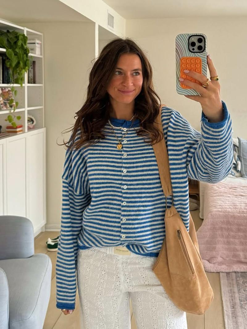 Women's Striped Casual Long Sleeve Loose Knit Sweater, Lightweight Fall & Winter Fashion, Button Front Open Front Design