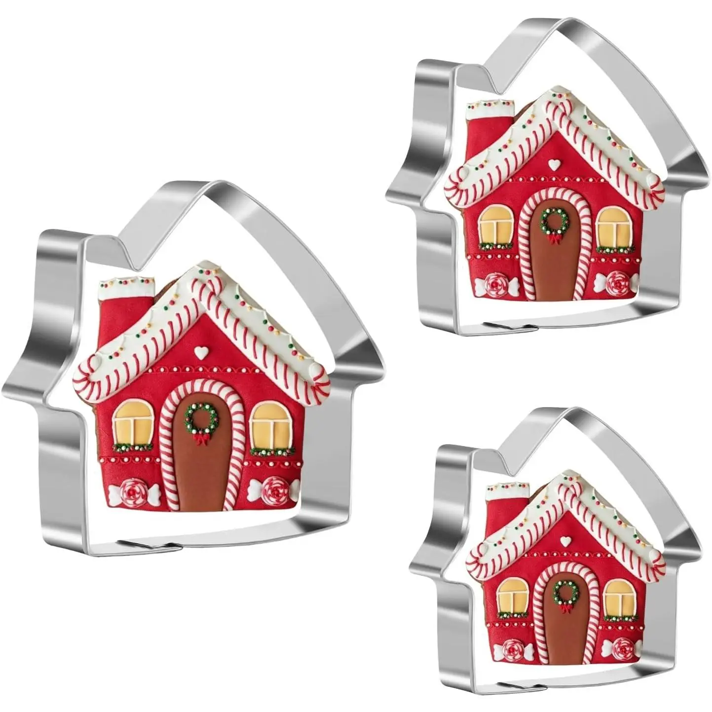 Christmas Gingerbread House Cookie  Set of 3 - Stainless Steel | Three gingerbread house sizes, approx. 3.5/2.6/2.0 in, for dough, fondant and Christmas baking
