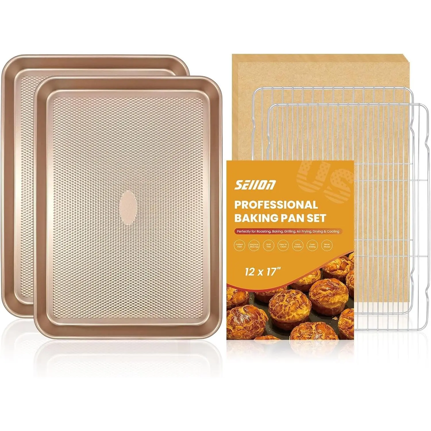 2 Pack Baking Sheets with 2 Wire Racks & 50 Pre-Cut Parchment Papers | Heavy Duty Nonstick Cookie Pans (17.5"x11.8") | Warp-Resistant Oven Roasting Set for Meal Prep & Holiday Gifts