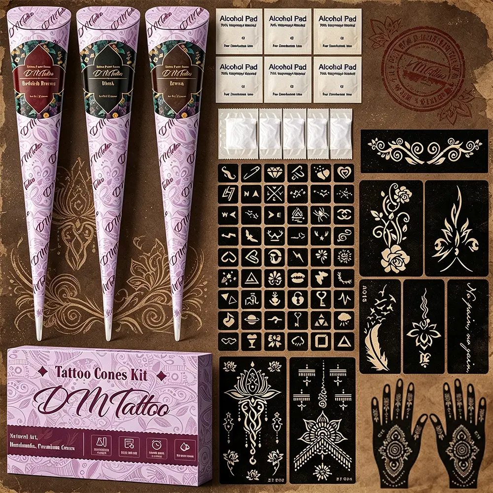Multi-spec Full Henna Tattoo Kit, 3/6 Pcs Purple Tube Henna Paste With Massive Geometric Floral Palm Stencils, Natural Herbal Sweat & Water Resistant Formula, Exotic Temporary Body Tattoo For Festival Portrait Wedding