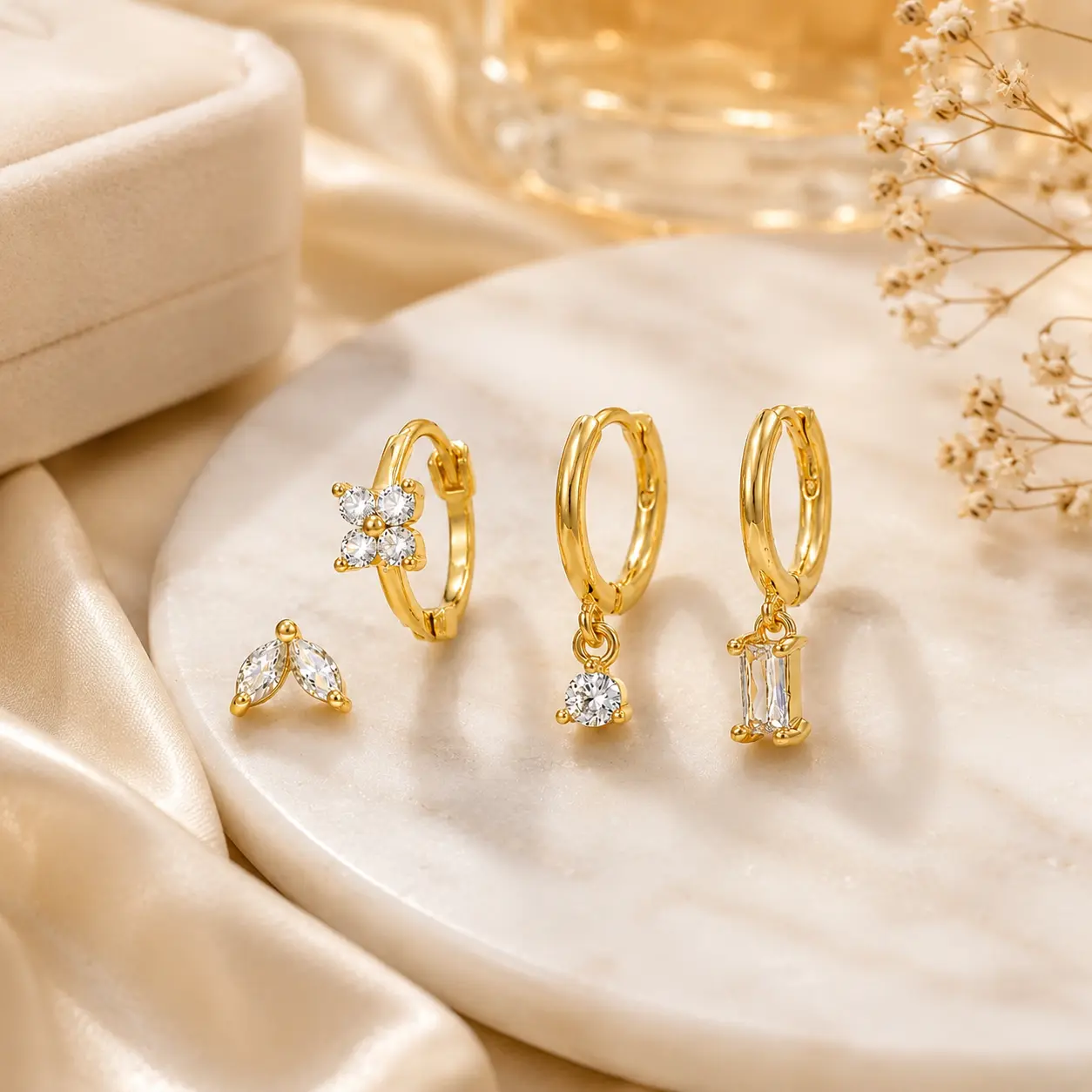 4 Pairs Huggie Hoop Earrings Set for Women, Dainty CZ Charm Earrings, Trendy Stackable Earrings Jewelry Gift for Her