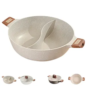 Split Non-Stick Hot Pot with Wooden Handle, Marble Coated Divided Pot for Simmering Two Flavors at Once, Compatible with All Stovetops, Large Capacity Pot for Hot Pot, Soup and Home Cooking