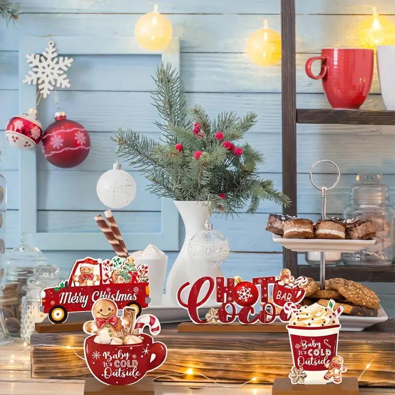 6Pcs 2D Flat Christmas Hot Cocoa Gingerbread Man Wooden Signs, Boho Rustic Holiday Tiered Tray Decor, Merry Xmas Coffee Bar Table Center Decorations