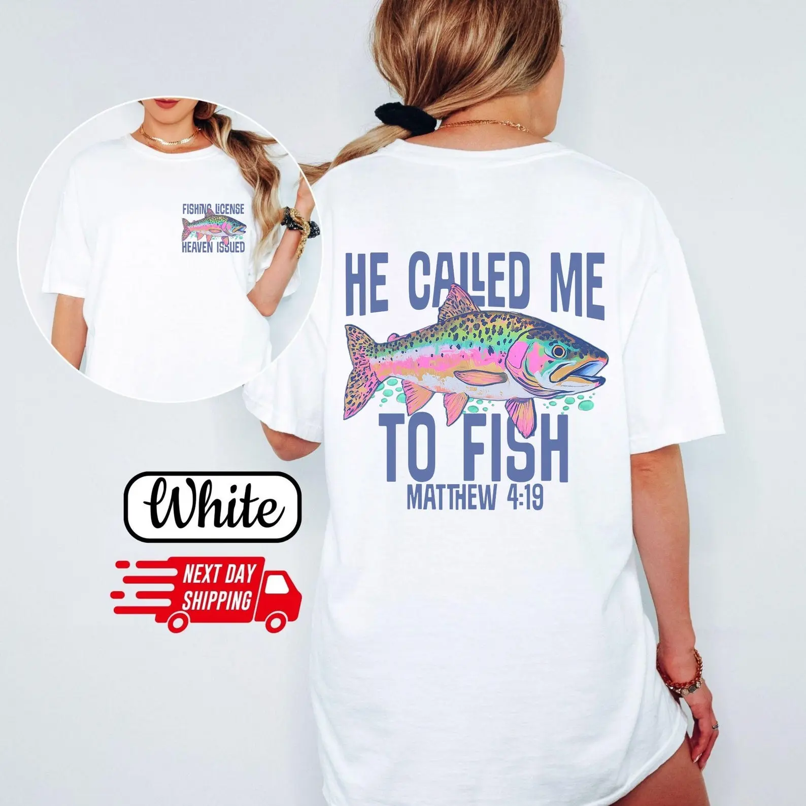 100% Cotton Unisex Round Neck Tee He Called Me To Fish Matthew 4:19 Rainbow Trout Double Sided Graphic Loose Top Christian Fishing Faith Print Casual Outdoor Angler Outfit Soft Non-Washed Fabric Gift For Christian Fishermen