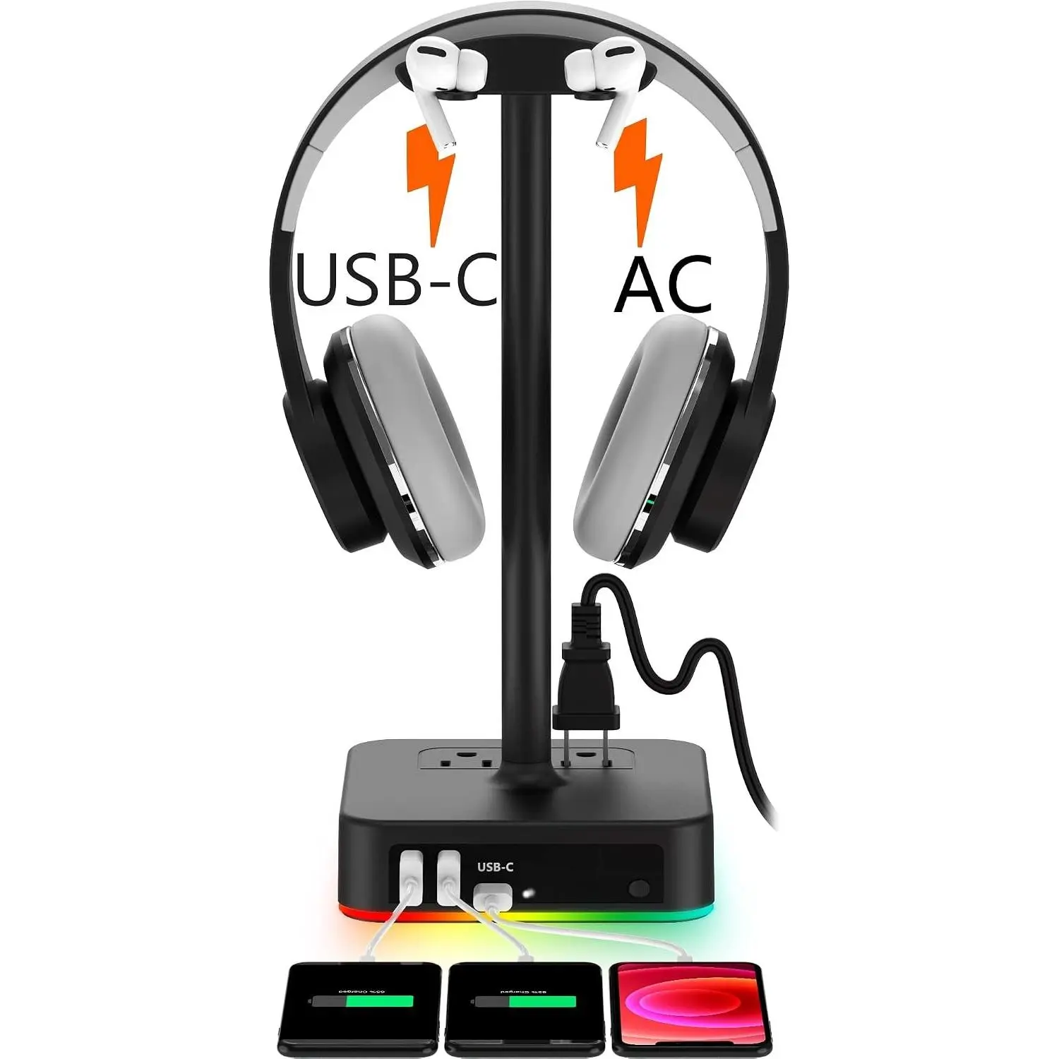 RGB Headphone Stand with USB A&C Charger Desk Gaming Headset Holder Hanger Rack with 3 USB  Port and 2 Outlet - Suitable for Gamer Desktop Table  Earphone Accessories Boyfriend Gifts