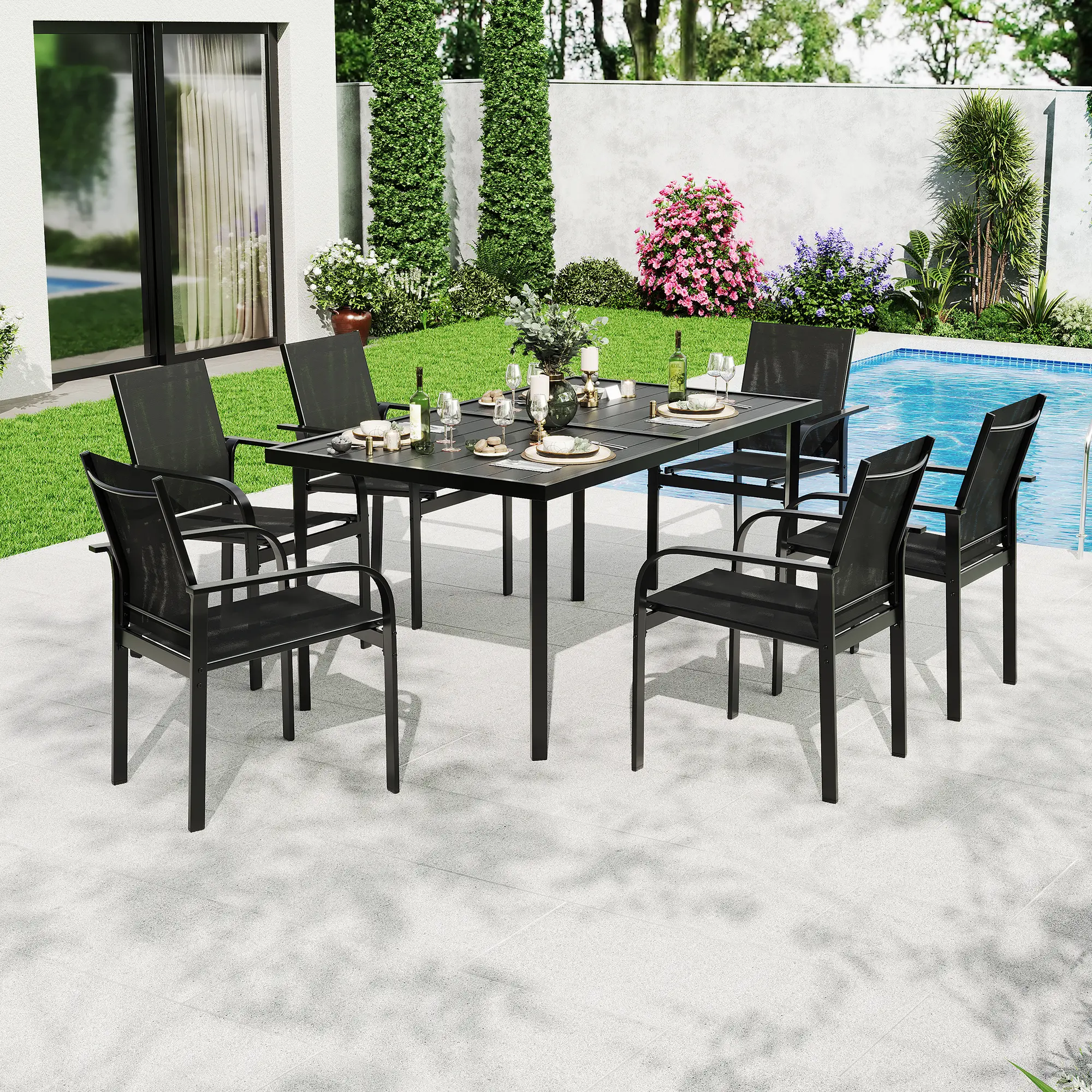 7-Piece Weather Resistant Metal Patio Dining Set, Outdoor Table with 6 Breathable Dining Chairs, All-Weather Garden Bistro Furniture for Backyard Deck Porch
