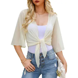 Women's Short Cardigan Bolero Sheer Shrug Tie Open Front Bell Sleeve Summer Cropped Bolero Cardigan