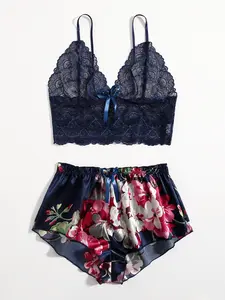 2pcs Women's Deep Blue Embroidered Lace Sexy Lingerie Set, Birthday/virginity Day/hotel Stay Intimate Moments