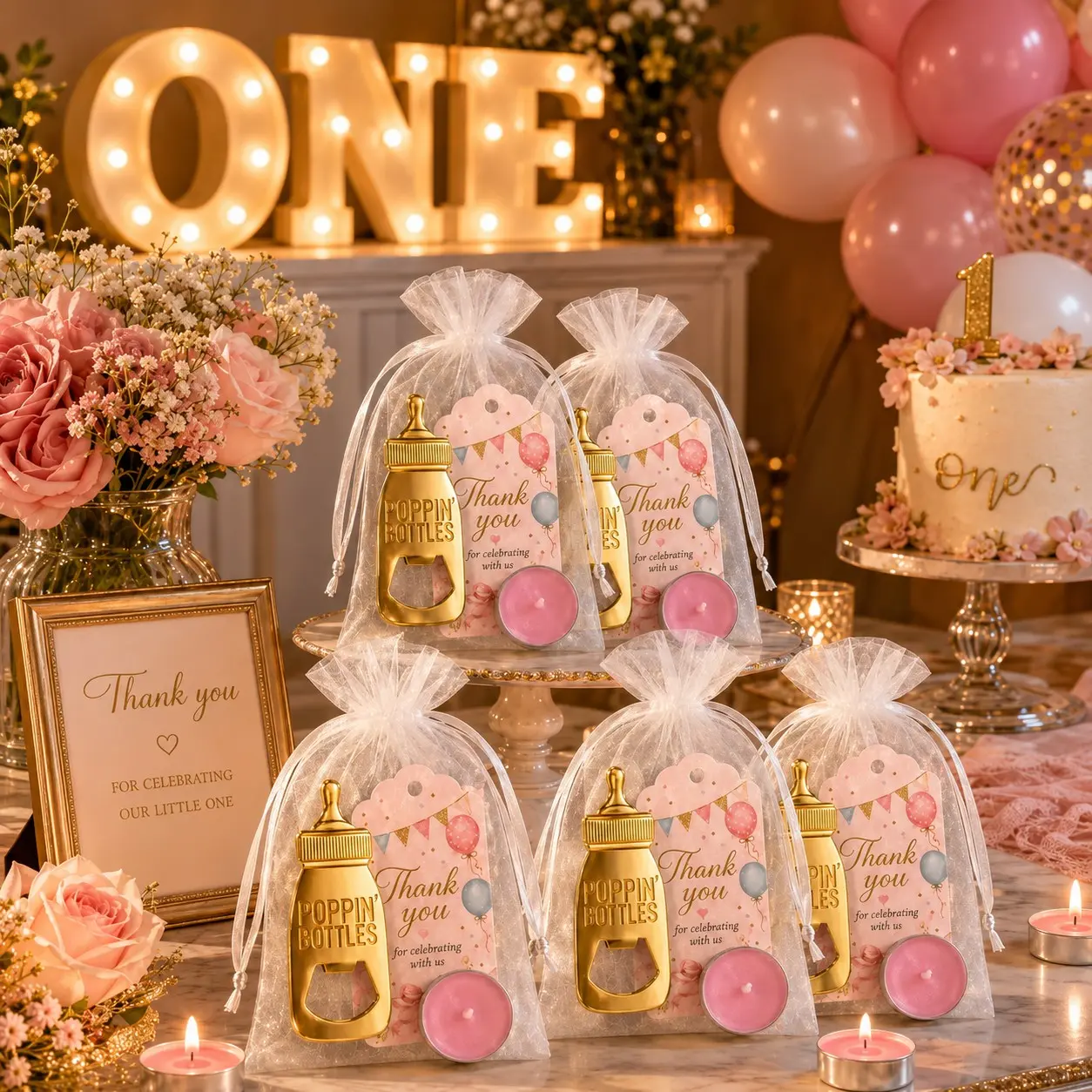 10 sets Baby Shower Favors for Guests, Gold Baby Bottle Opener and Pink Candle Gift Sets with Organza Bags and Thank You Tags, Baby Girl Shower, Gender Reveal, Baptism and Christening Favors