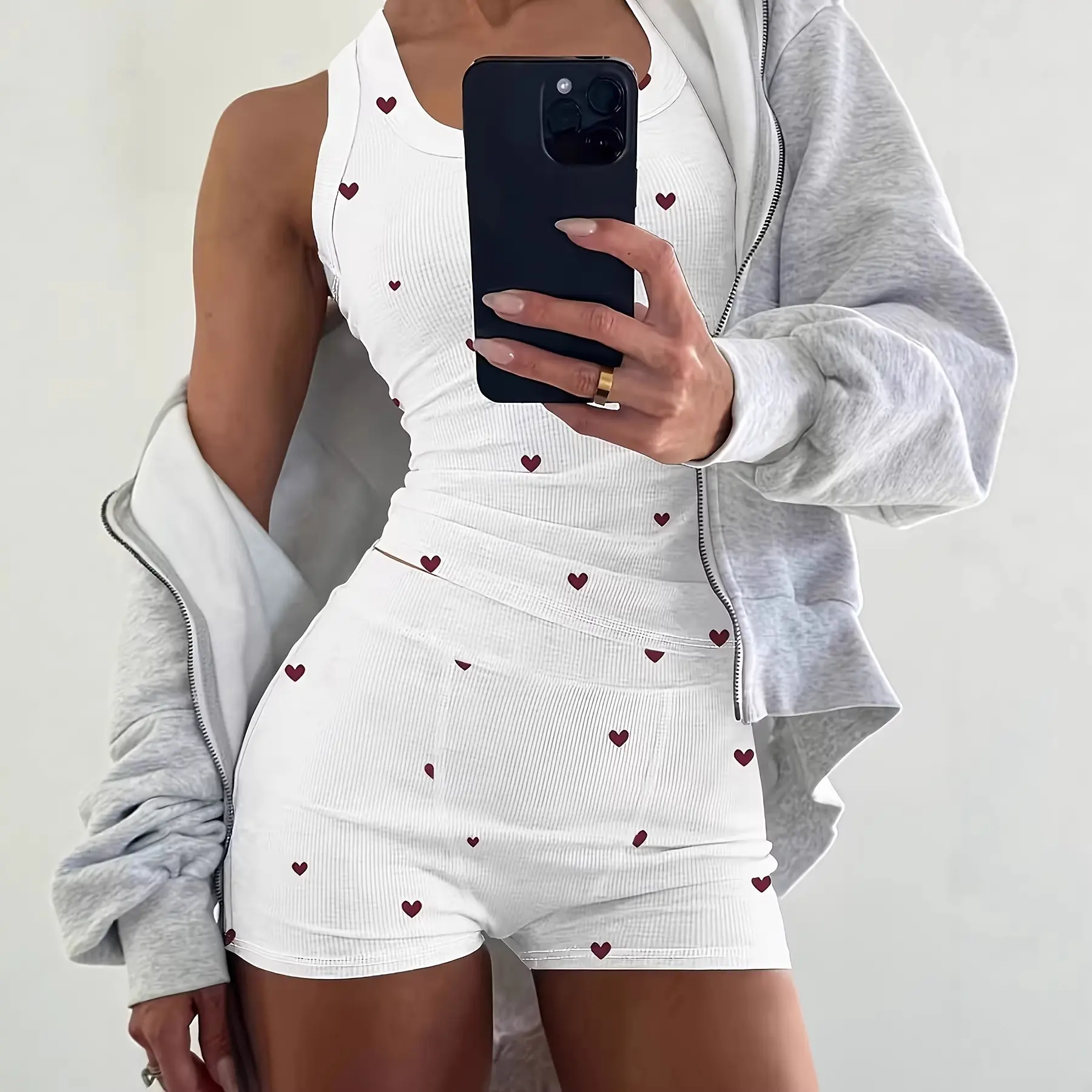 2 Pieces Pajamas Set U Neck Sleeves Summer High Quality Heart Print Soft Comfortable Women Sleepwear Lounge Set Silky Soft Breathable Nightwear Cute Pjs Loungewear Female