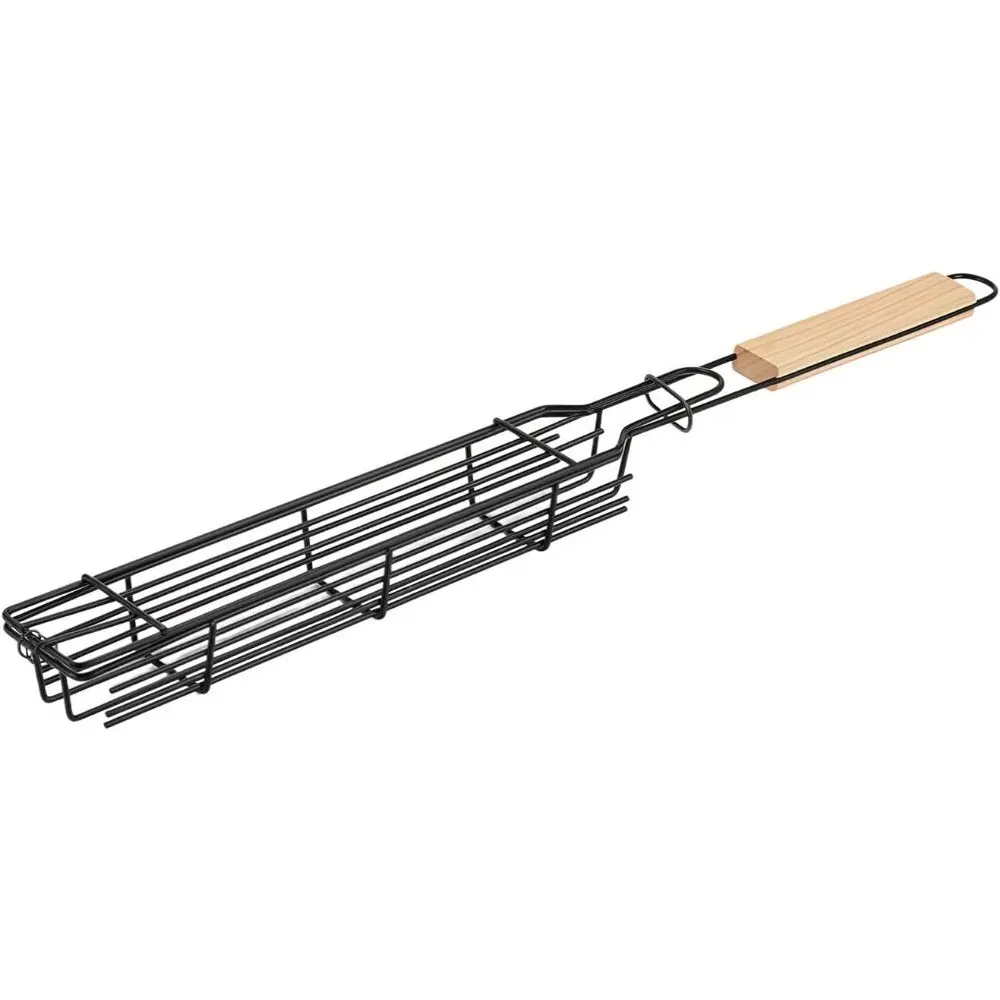 Wooden Handle Grill Net Clamp, Outdoor Camping Meat Skewer Holder, Heat-Resistant Handheld Lamb Skewer Grill Basket, Home BBQ Tools