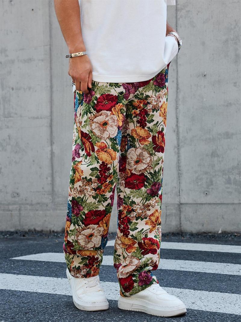 Men's Floral Print Straight Leg Pants, Regular Fit Casual Comfy Trousers for Outdoor Street Wear, Men's Bottoms for All Seasons, Casual Streetwear Pants