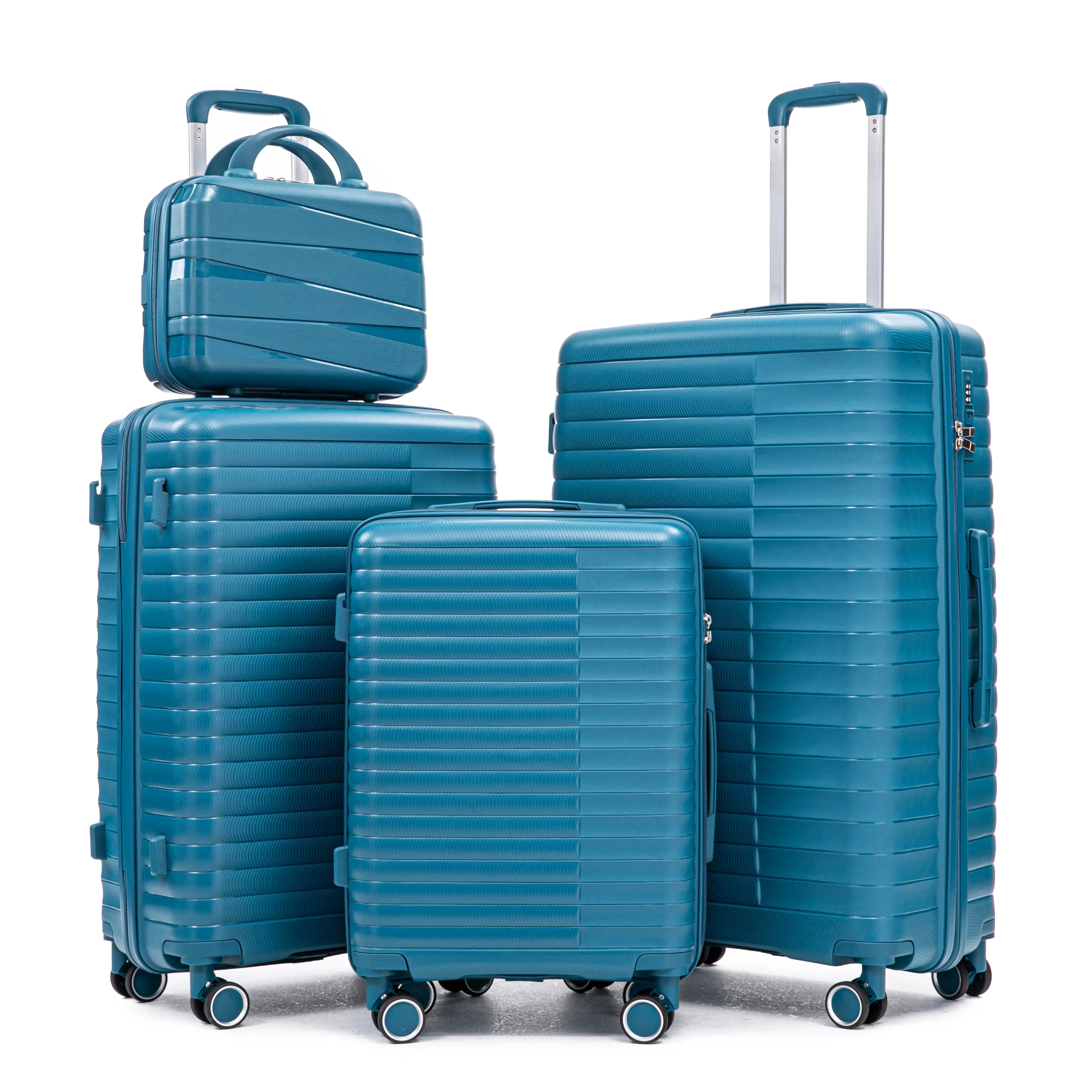 ARCH 4-Piece Polypropylene Luggage Set with Spinner Wheels, 14/20/24/28-Inch Carry On & Travel Suitcases, Cosmetic Case, Iron Pull Rod, Combination Lock, Lightweight Durable Blue Travel Gear for Women