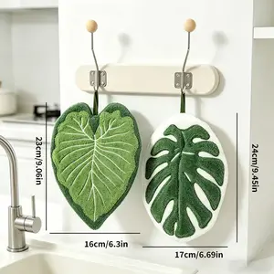 2pcs Creative Monstera Leaf Hanging Hand Towel, Coral Fleece Super Absorbent, Quick Dry Cleaning Cloth for Kitchen Bathroom Decor