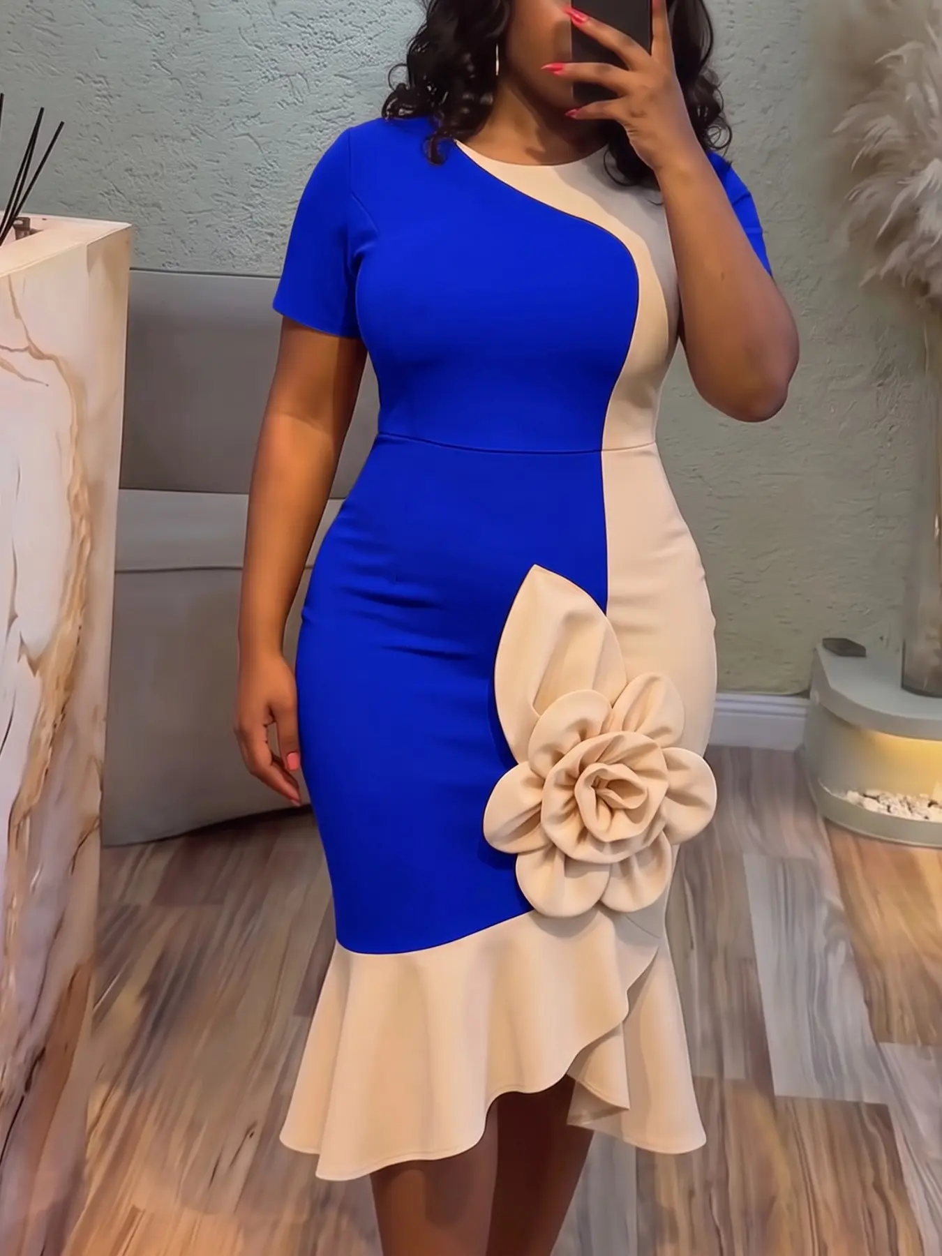 Plus Size Elegant Slim Fit Church Dress, Color Block Short Sleeve, 3D Flower Decoration, Fish Tail Ruffle, Round Neck, Midi Length, Formal Wear, Party Wear