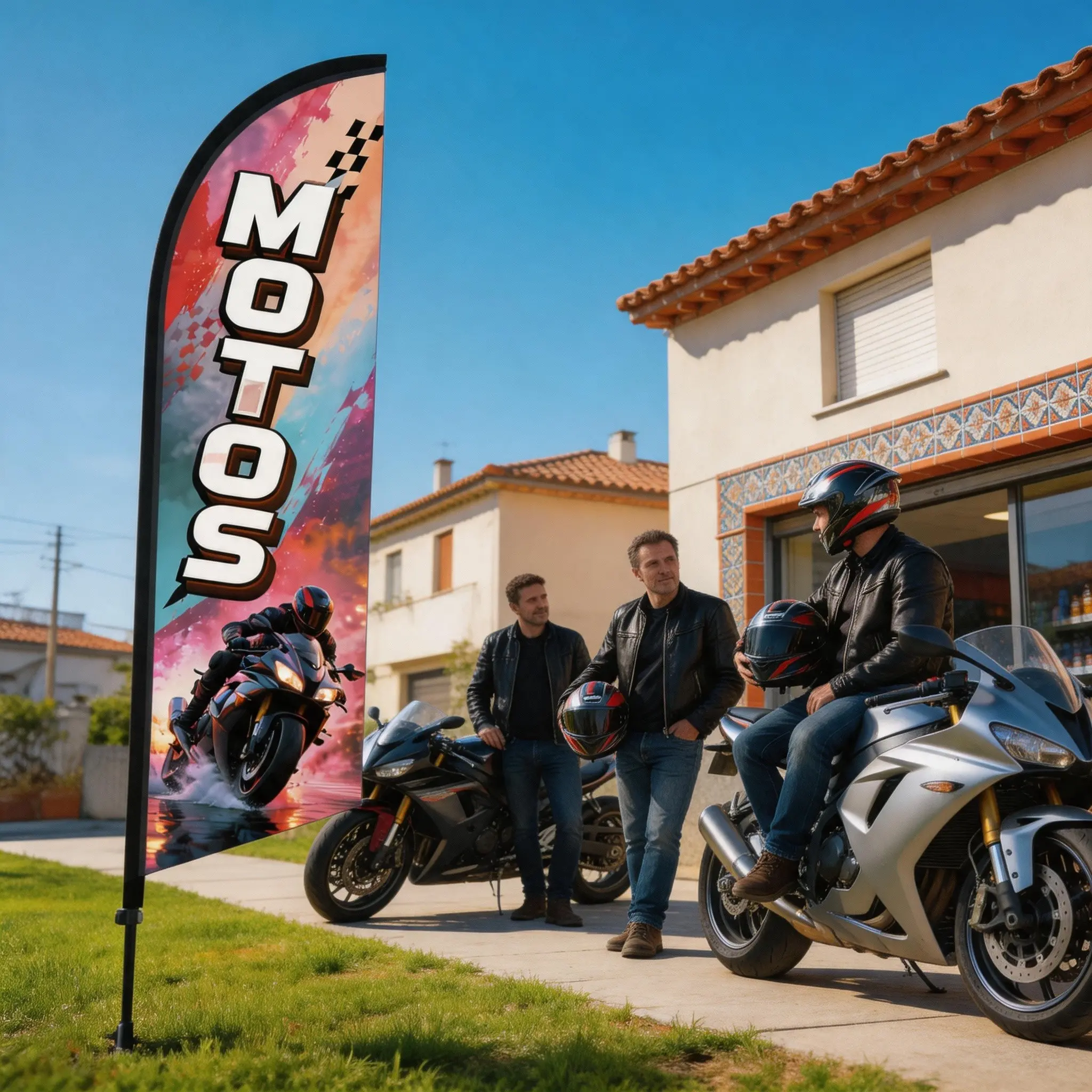 Motorcycle Feather Flag 8.5 Feet Tall, Polyester Waterproof Sunscreen Flag, Wind-Resistant Single-Sided Print, Outdoor Promotion Tool