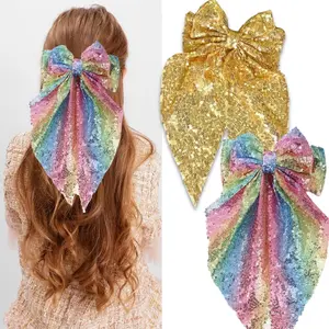 2 count Big Glitter Hair Bows for Women Girls Sequin Hair Bows Clips with Long Tail Large Barrettes Rainbow and Rose  Sparkly Accessories for Women Girls