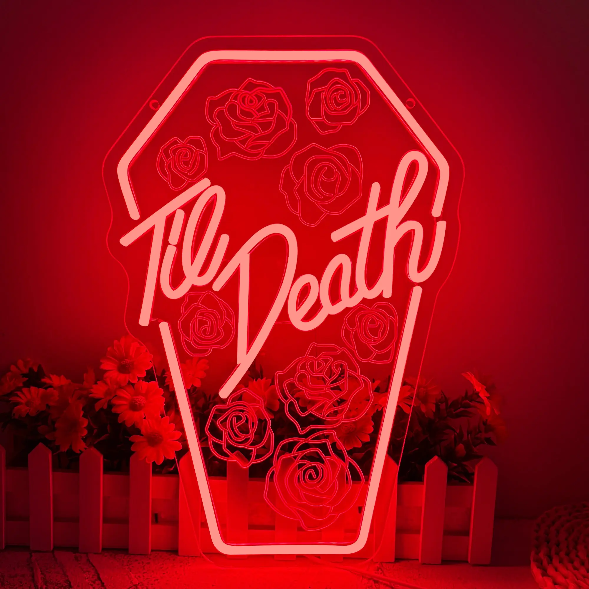 Til Death Neon sign Coffin of love neon sign Roses Coffin Neon sign Wedding Party Decoration Valentine's Day Gift Grave with Rose Sign Decorative Ambiance Lighting Illuminated Sign Light