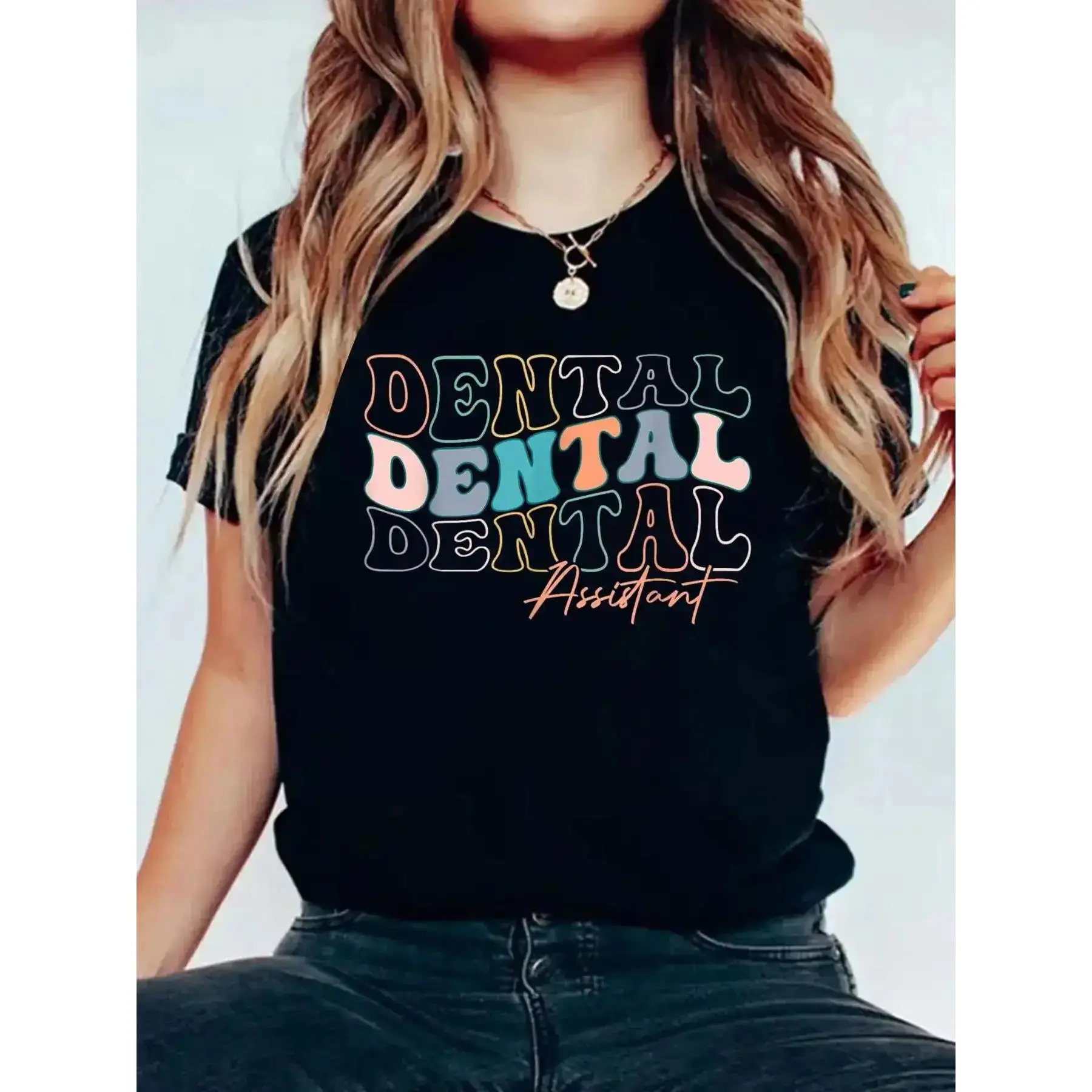 Women's Dentist Theme Groovy Graphic Crew Neck Short-Sleeve T-Shirt - Casual Loose-Fit Breathable Summer Top, Sizes S/M/2XL/3XL, Machine Washable