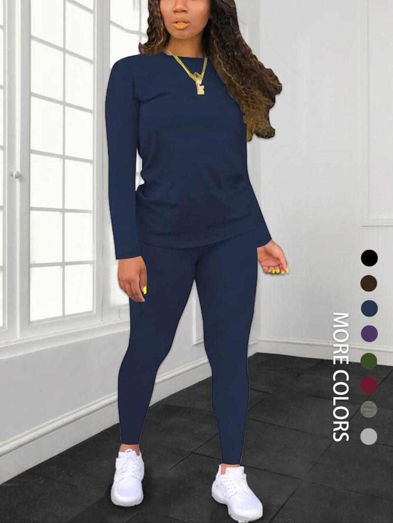 Women's Minimalist Chic Solid Long Sleeve Tee & Elastic Waist Pants Set, Lady Regular Fit Basic Casual Fitted Round Neck Longsleeves Top & Trousers for Spring & Fall, Women's Clothing for Daily Wear, Fabric Womenswear, Casual Loungewear Set