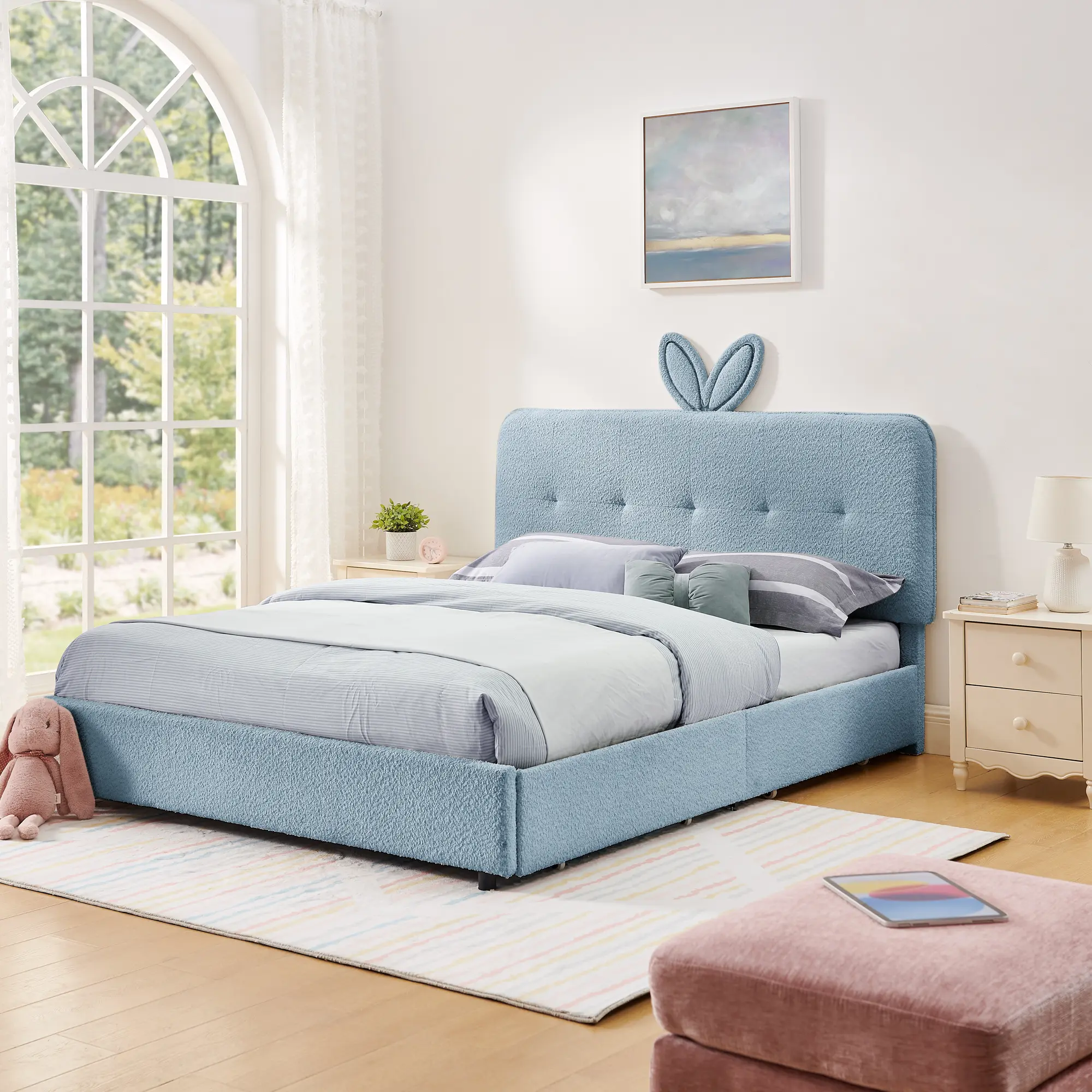 Whimsical Queen Bed Frame for Girls, ARCH Textured Boucle Upholstered Platform Bed with Oversized Rabbit Ears Headboard, LED Light, 4 Storage Drawers, 84.5'' L x 62.75'' W x 41'' H, White Indoor Furniture
