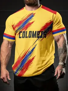 Men's Sporty T-Shirt, Columbia Print, Blue Colorblock, Breathable, Casual Wear, Football Training, Outdoor Activities