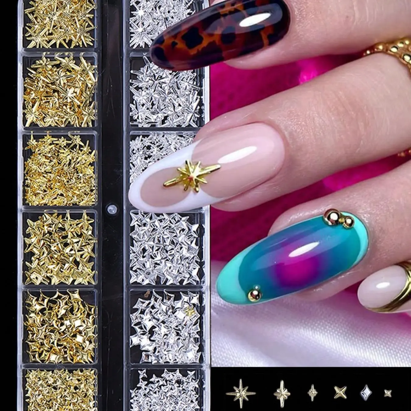 Millennial Nail Art Rivet Stickers, Nail Art Supply, Nail Decoration Supplies, 12-Piece Mixed Silver Color Starlight Design, DIY Nail Decoration Accessories