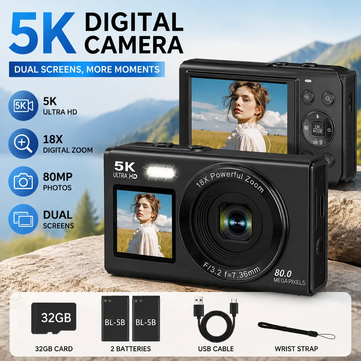 5K Ultra HD Digital Camera with Dual Screens, 18X Digital Zoom & 80MP Photo Resolution, Compact Vlogging Camera for Teens, Beginners, Travel Photography and Everyday Content Creation, Includes 32GB Card & 2 Batteries
