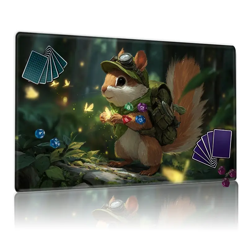Enchanted Squirrel Explorer Fireflies Forest TCG MTG Playmat 12x24inch Non-Slip, Ideal for Card Game Enthusiasts Party Family Gift