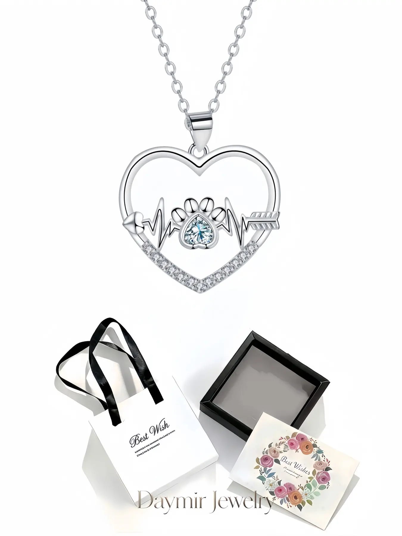 Heartbeat Signal Necklace, lovely paw & heart gem pendant for women. Comes with delicate drawer jewelry box, ideal gifts for birthdays, Mother’s Day, Valentine’s Day, Christmas and anniversaries.