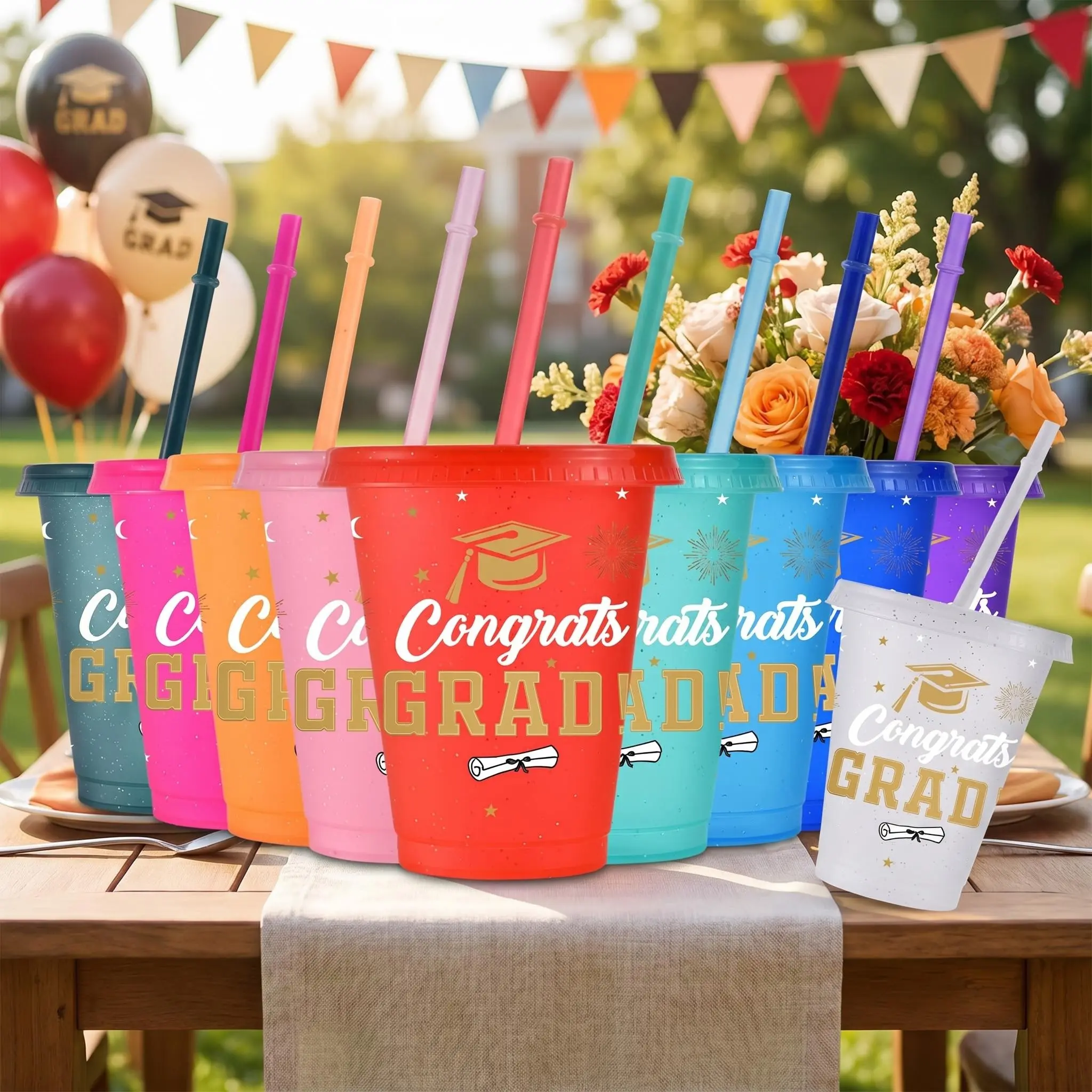 10pcs/16oz/475ml/Bright Glitter Plastic Tumblers With Lid And Straw,Iced Coffee Cup,Festival Party Supplies,Gold Toned Graduation Themed Design With Cap Diploma Fireworks Stars, Festive Gift,Perfect For Birthday Parties And Holiday Celebrations