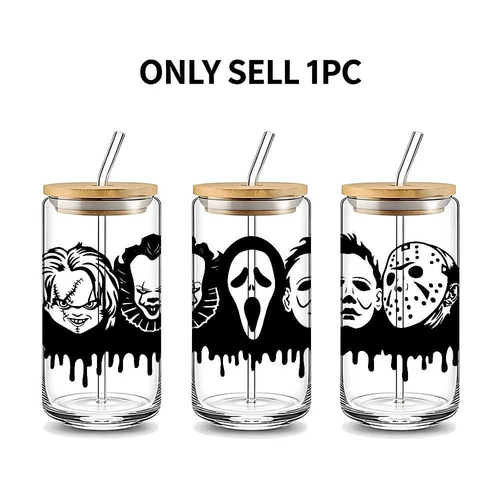 Black & White Horror Character Print 16oz Glass Can Cup with Lid and Straw,Reusable Glass Drinking Cup, High-Quality Glass Jar for Iced Coffee,Hot Chocolate Juice, Cold Drinks,Humorous Spooky Aesthetic Glassware, Perfect Gift for Coffee Lovers,Halloween