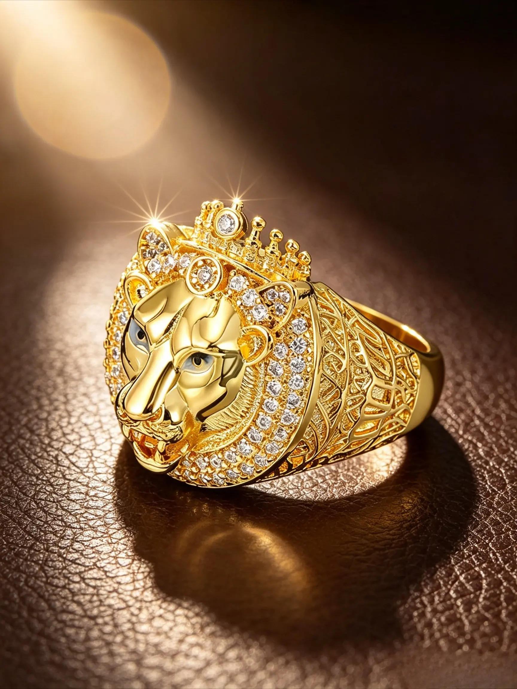 Gold Plated Hollow Filigree Lion Head Statement Ring Multi Paved Round Cubic Zirconia Crown Animal Finger Ornament Heavy Wide Band Hip Hop Bling Accessory For Club Gathering Motorcycle Riding Daily Outing Anniversary Birthday Holiday Gift For Men