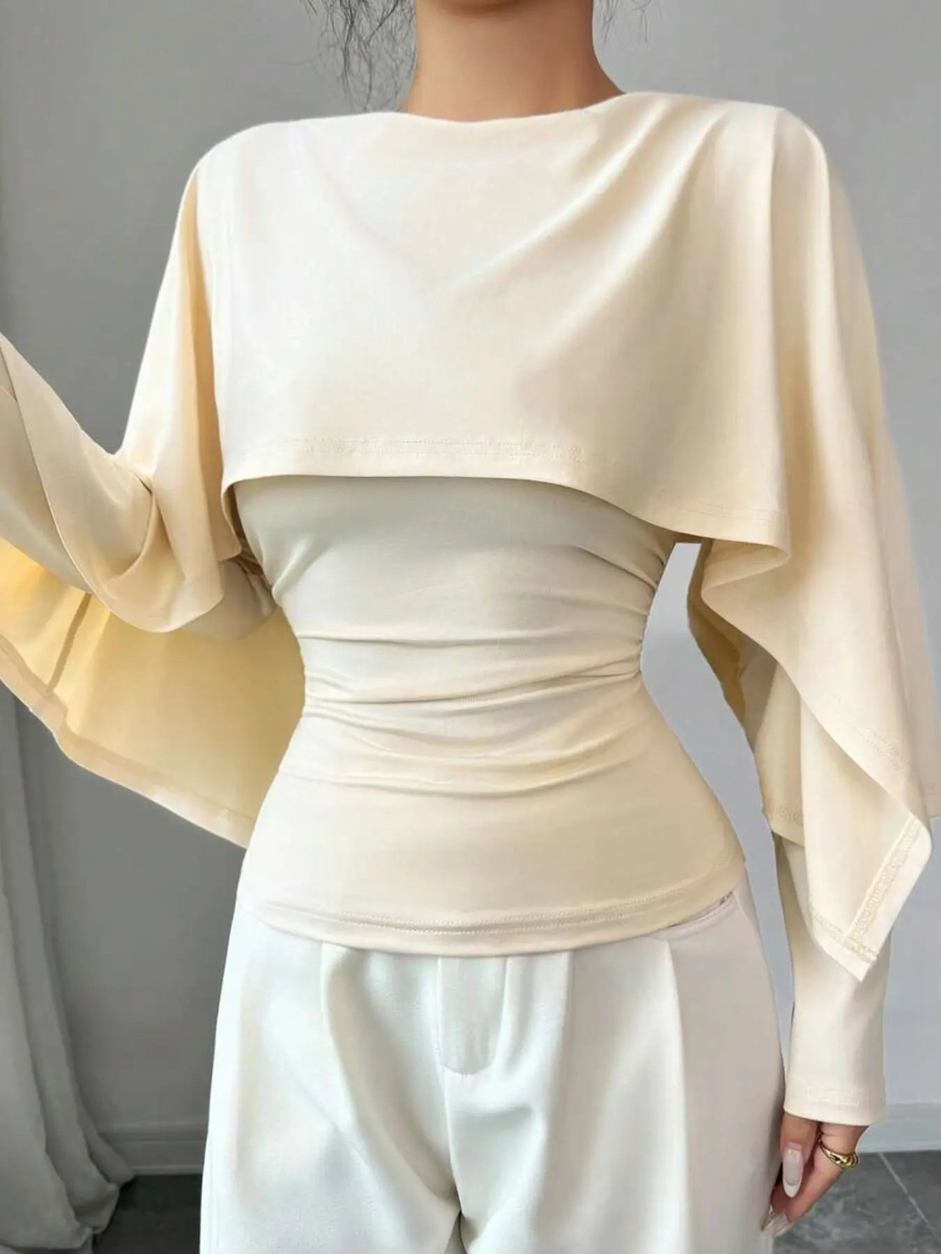 New Design Women's Shawl Neck Long Sleeve Stretch Knit Top, Elegant Daily Wear, Slim Fit T-Shirt, Versatile and Stylish