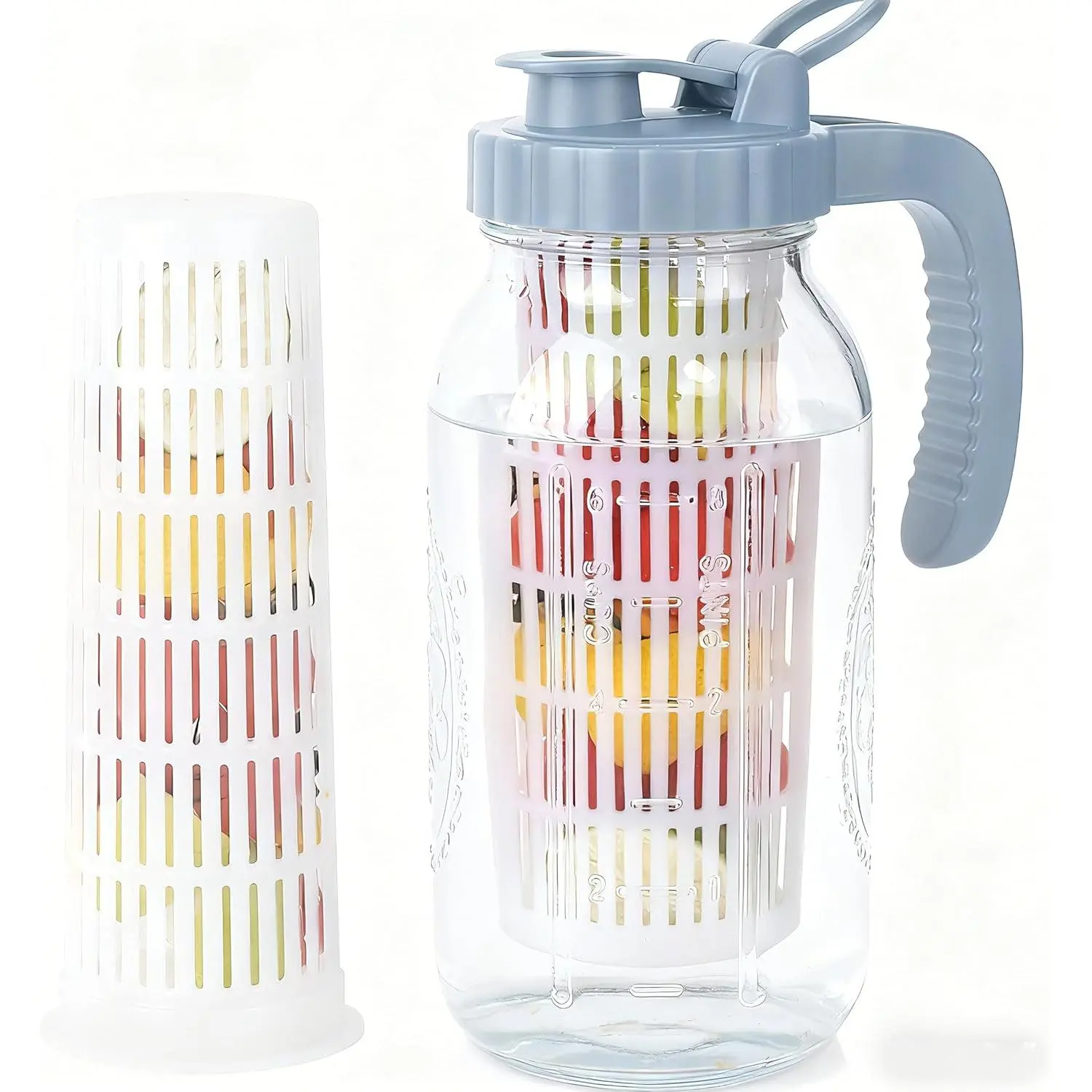 Half Gallon Glass Mason Jar Pitcher With Infuser Lid 2 Quart Mason Fruit Infused Water Pitcher 64 Oz Wide Mouth Sun  Jar For Outside For Fridge Lemonade, Beverage,Milk,Juice, Cold Brew Container
