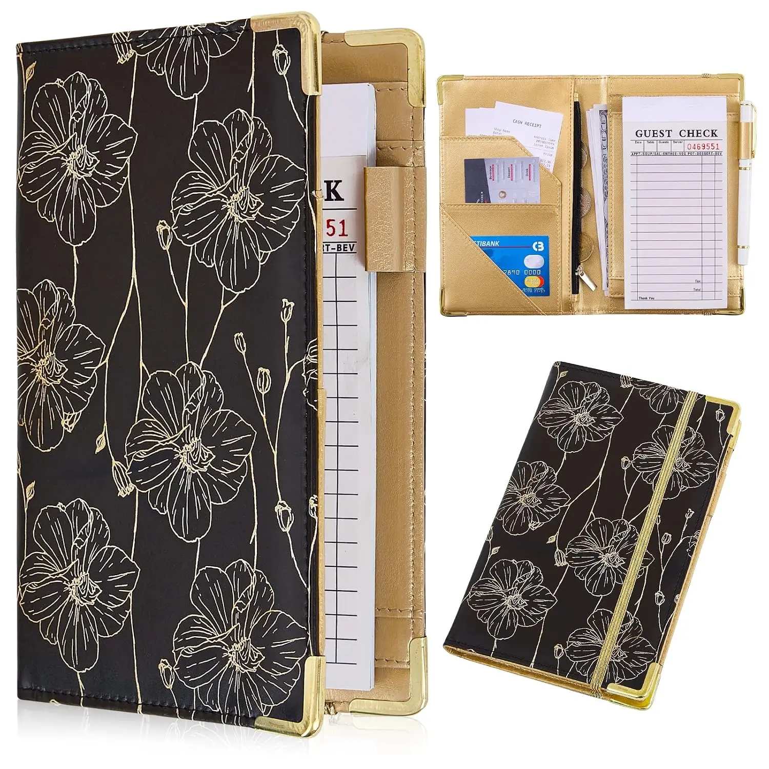 Server Books for Waitress Cute Waitress Book with  Pocket Leather Server Book with Zipper Wallet Black Serving Book Organizer Fit Server Apron