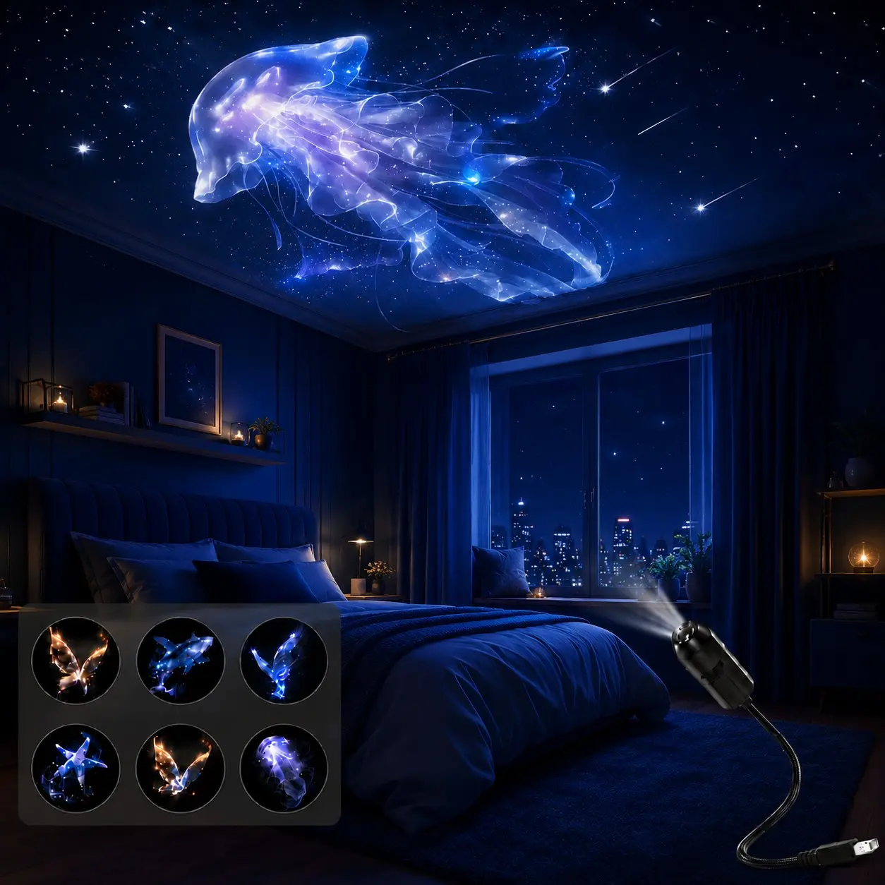 LED Decorative Projector Light, USB Powered Ocean Art Lamp with 6PCS Pattern Discs, Whale, Jellyfish, Butterfly and Starfish Mood Lighting for Bedroom, Bedside and Party Decor