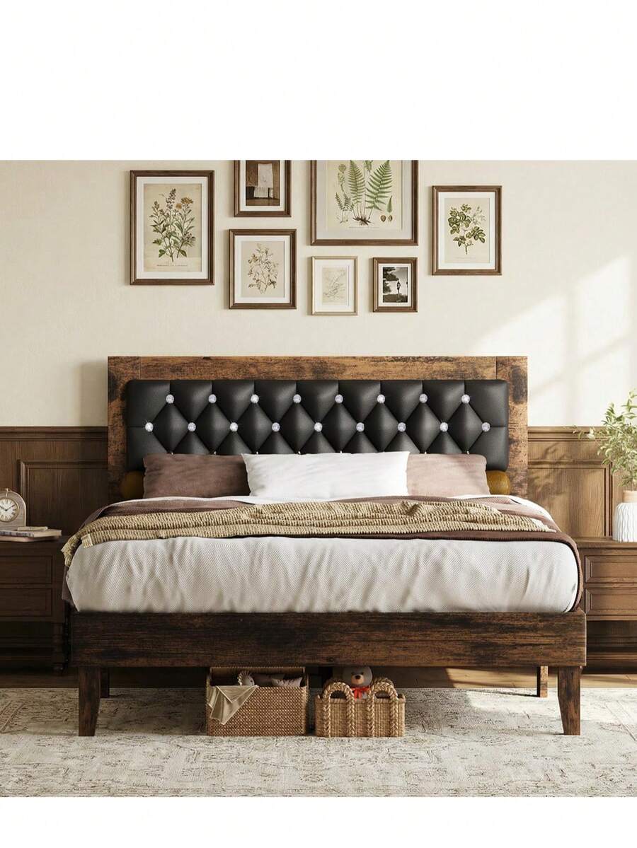 Upholstered Bed Frame with Diamond Tufted Headboard, Vintage & Modern Style, Strong Wooden Slat Support, No Box Spring Needed, Noise-Free Easy Assembly Upholstered Bed Frame with Diamond Tufted Headboard, Vintage & Modern Style, Strong Wooden Slat Support, No Box Spring Needed, Noise-Free Easy Assembly