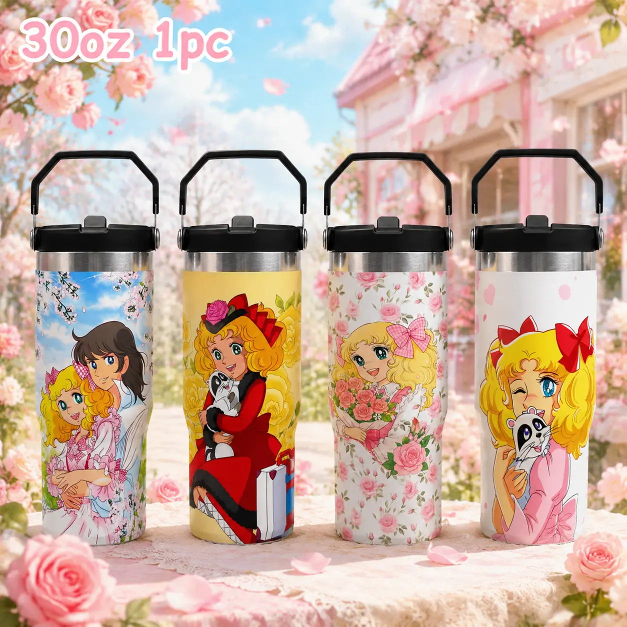 30oz Candy Candy Inspired Tumbler Cup Cute Anime Kawaii Design Travel Mug With Straw Lid Foldable Handle Insulated Tumbler Hot Cold Drink Cartoon Drinkware Portable Hydration Cup Gift Idea TikTok Trending Aesthetic Cup For Women Office Travel Gym Use