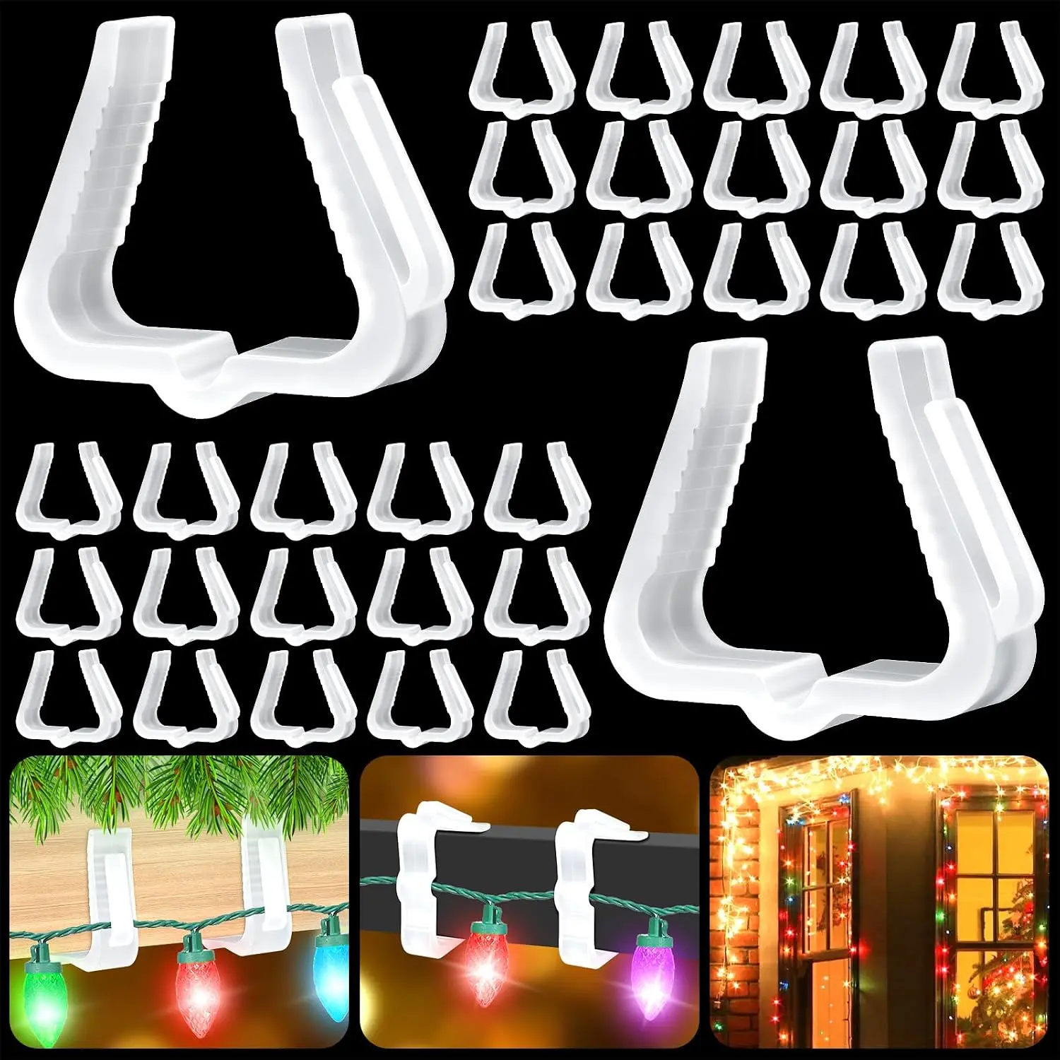 100 count Christmas Light Clips Hooks,Outdoor Roof Hangers Fascia Boards Clips Plastic Holiday Lights Clip for Xmas Outside Decoration Deck Gutter Fence Eave (White)