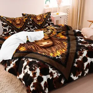3 Pieces Cow Print Brown Wood Triangle Highland Cow Sunflower Duvet Cover Set, Western Farm Country Animal Floral Vintage Print Bedding, Soft Microfiber Aesthetic Bedding Decor for Adults, (1 Duvet Cover + 2 Pillowcases, No Comforter No Pillow)