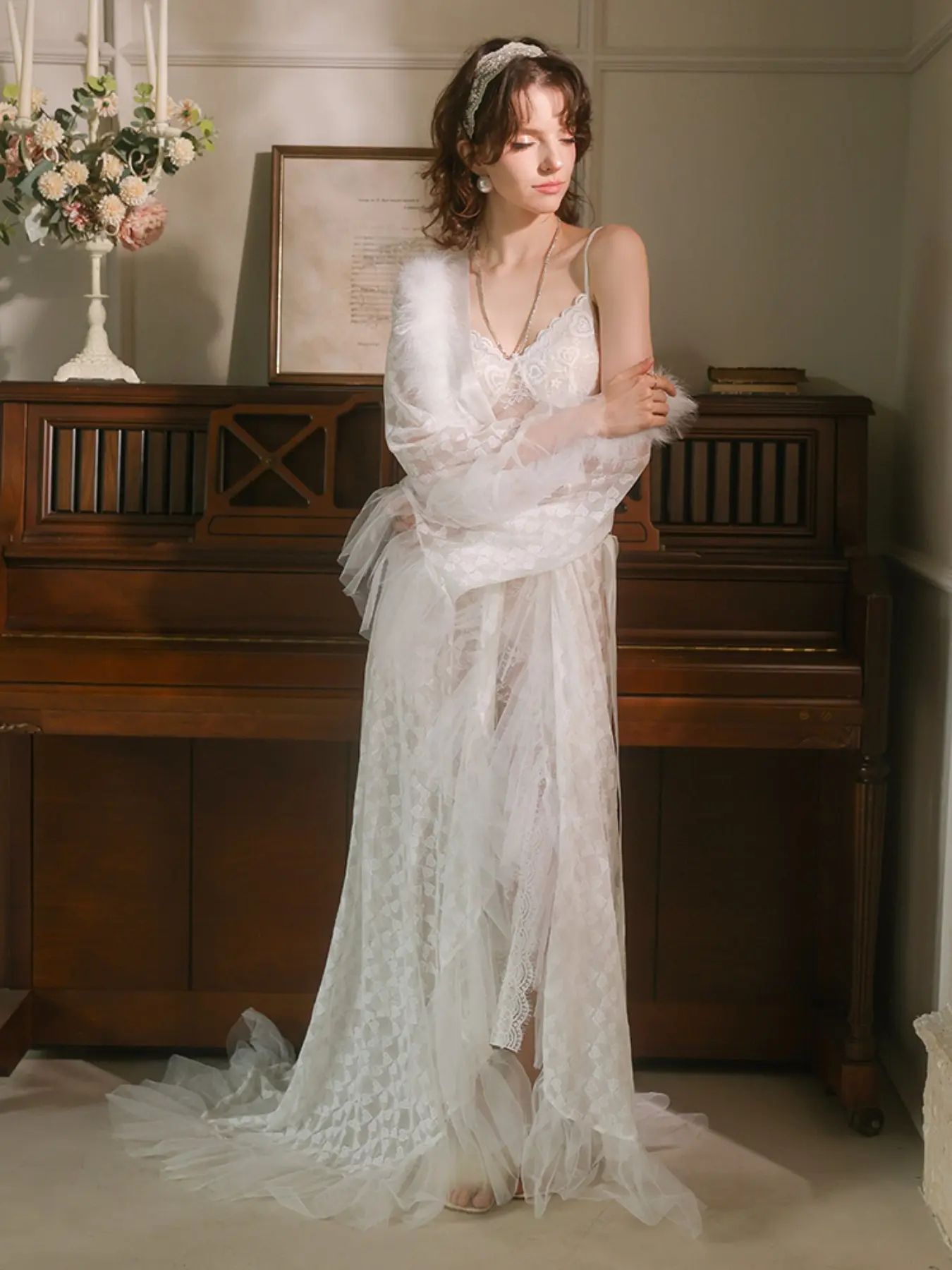 Long Sleep Dress Two-Piece Set, Mesh Lace Long Robe, Fuzzy Neck V-Neck Design, Vintage Elegant Home Wear, Thin Sexy Strappy Dress + Robe Set, Nightwear Loungewear Chic