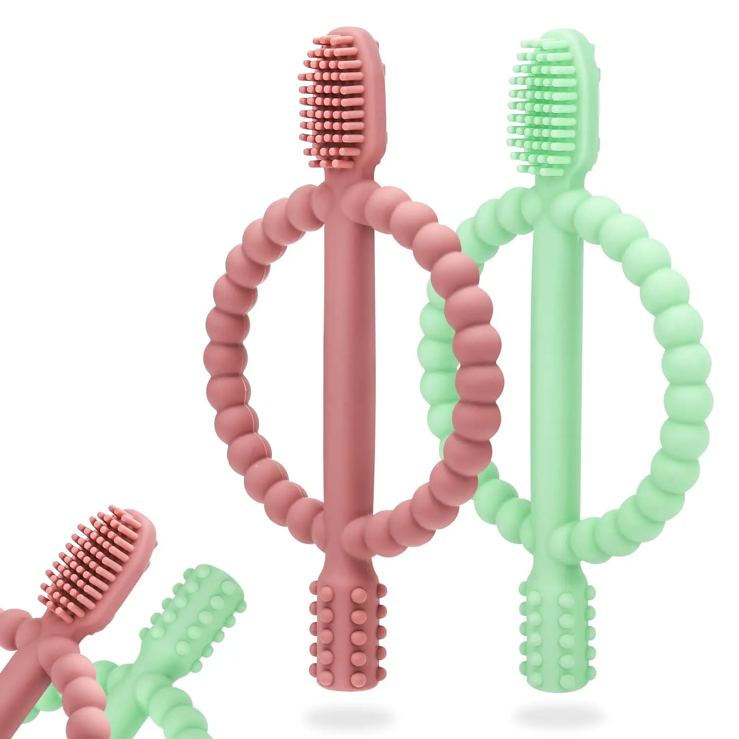 Baby Teething Toys with Easy-Hold Handle, Silicone Infant Toothbrush, Textured On Both Sides Helps Massage, Soothe Sore Gums, Teething Toys  Babies 0-6 Months, 6-12 Months Bright Green & Caramel