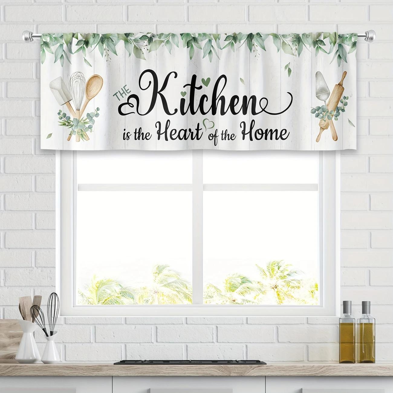 Rustic Eucalyptus Leaf Kitchen Window Curtains, Farmhouse Natural Pocket Rod Decor for Kitchen, Cafe, Office, Living Room & Dining Room, Home Decorative Curtain, Home Decoration Curtain