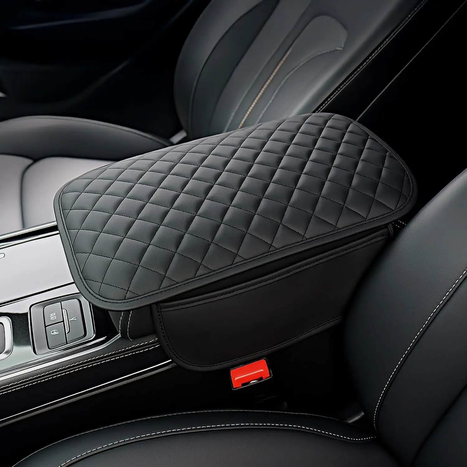 Extended Microfiber Leather Car Center Console Armrest Cover with 2 Storage Pockets, Memory Foam Cushion for SUV Truck, Universal Car Accessories, Stylish Black LongerGift