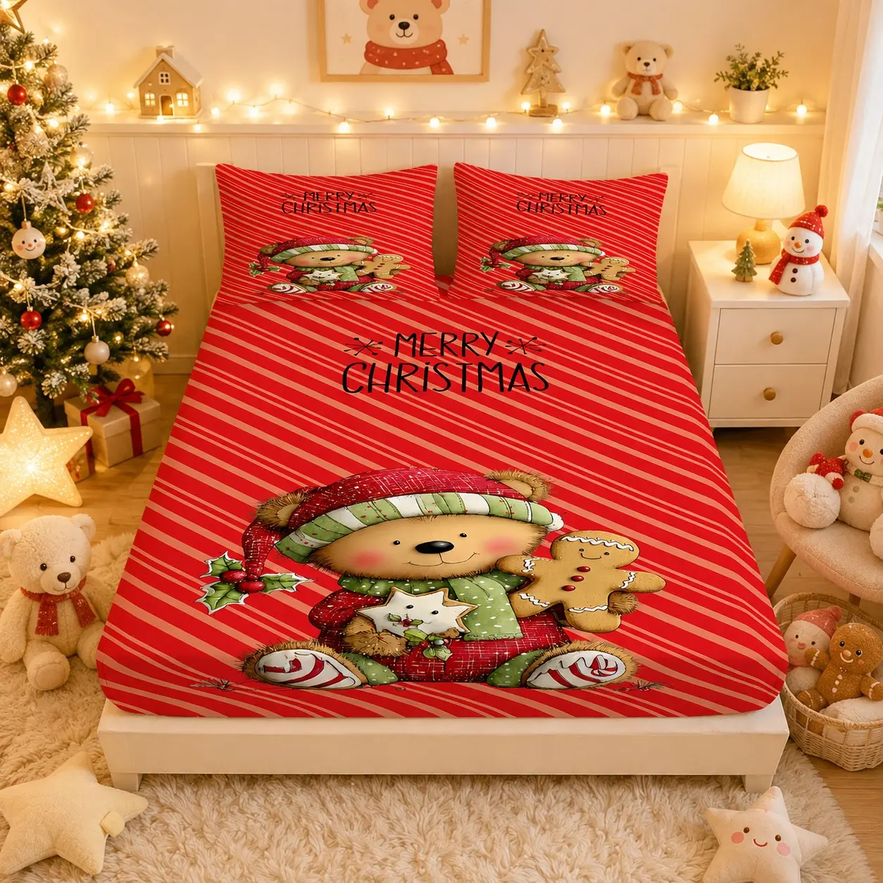Christmas Teddy Bear Pattern Printed Fitted Sheet Set, Includes 1 Fitted Sheet + 2 Pillowcases, Without Pillow Inserts, Deep Pocket Fitted Sheet, for Teens, Ladies and Adults Bedrooms, Soft Bedding Decor for Holiday Gifting, Sheets Set