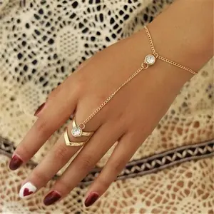 Punk Link Chain Rhinestone Set Ring Connected Bracelets Gold Color Metal Finger Ring Bracelet Hand Harness Fashion Jewelry Women