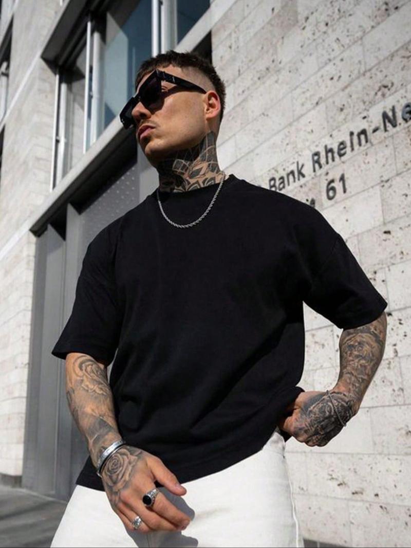 Men's Regular Fit Solid Drop Shoulder Half Sleeve Tee, Casual Comfy Round Neck T-shirt for Summer, Fashion Men's Top for Daily Wear